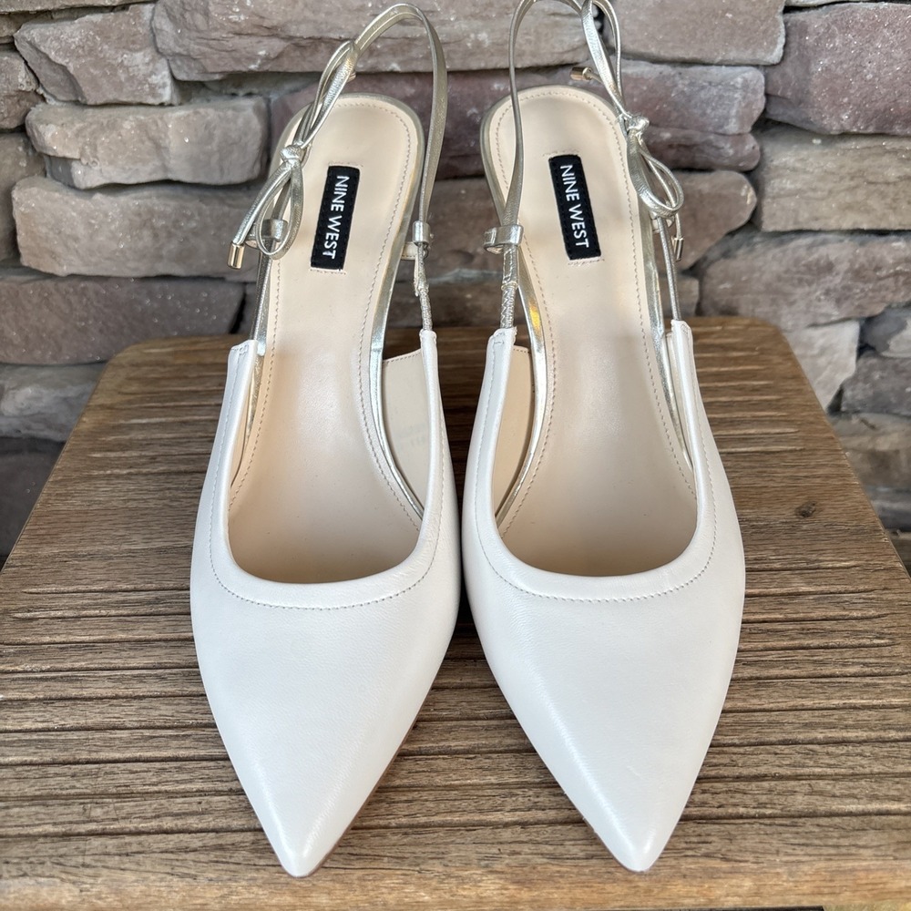 Nine West WNTIBBY Women's Cream Pointed Toe Slingback Heels Bow Detail Sz 11 M